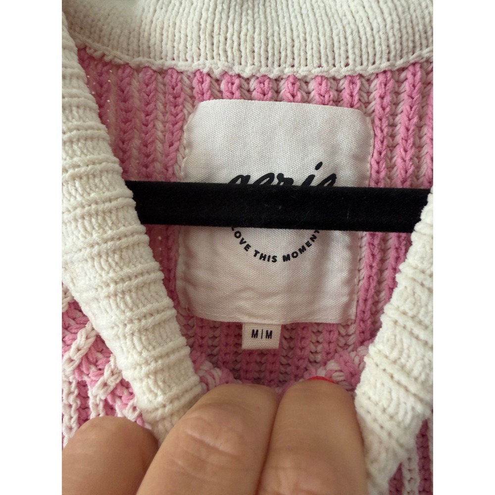 Aerie Beyond Chenille Sweater Womens Medium Pink Cream Striped Ribbed Oversized - Picture 3 of 6